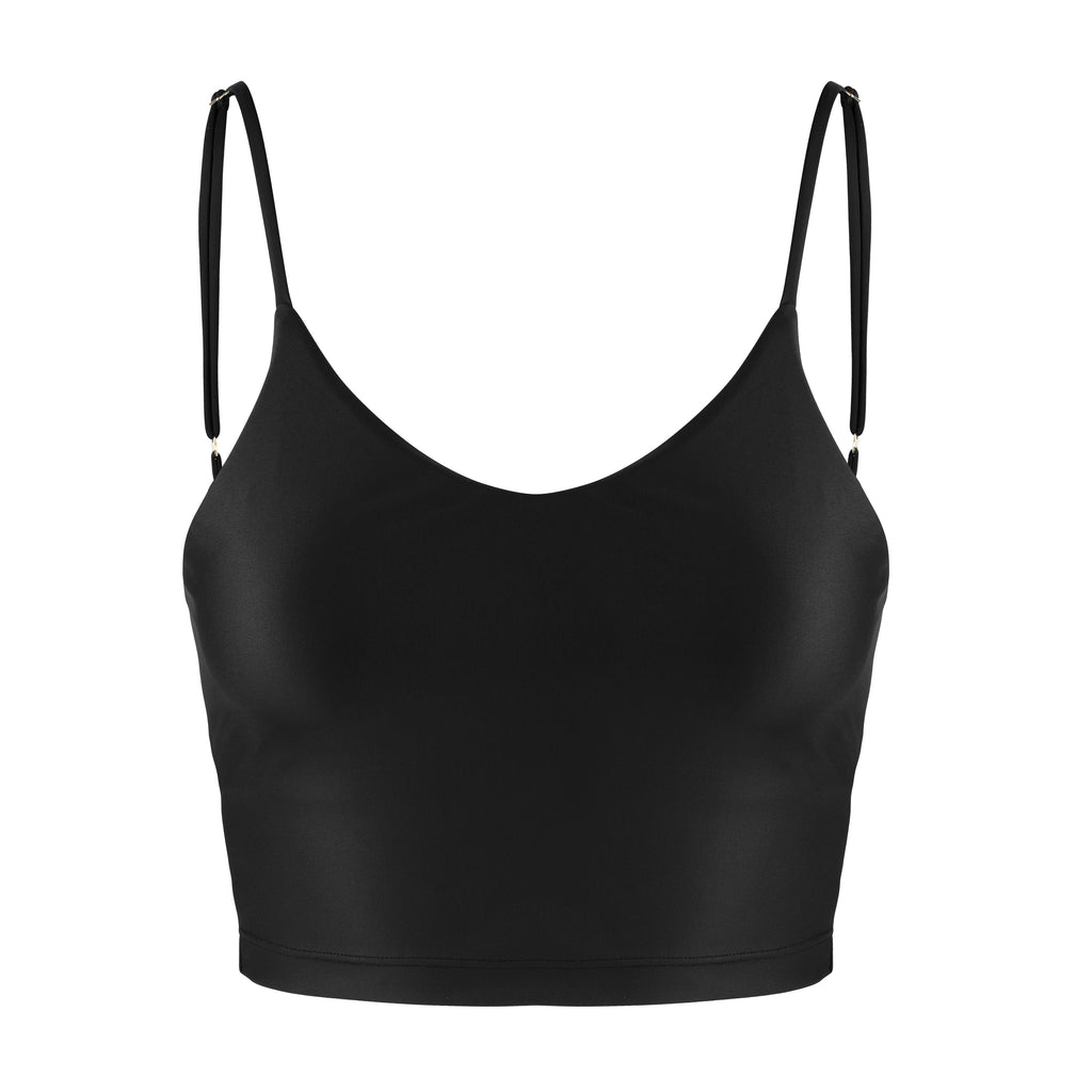 Black crop top with inbuilt bra for low-impact activities, seamless fit, removable padding, and adjustable straps. Comfortable for work or on the go, ghost image front view