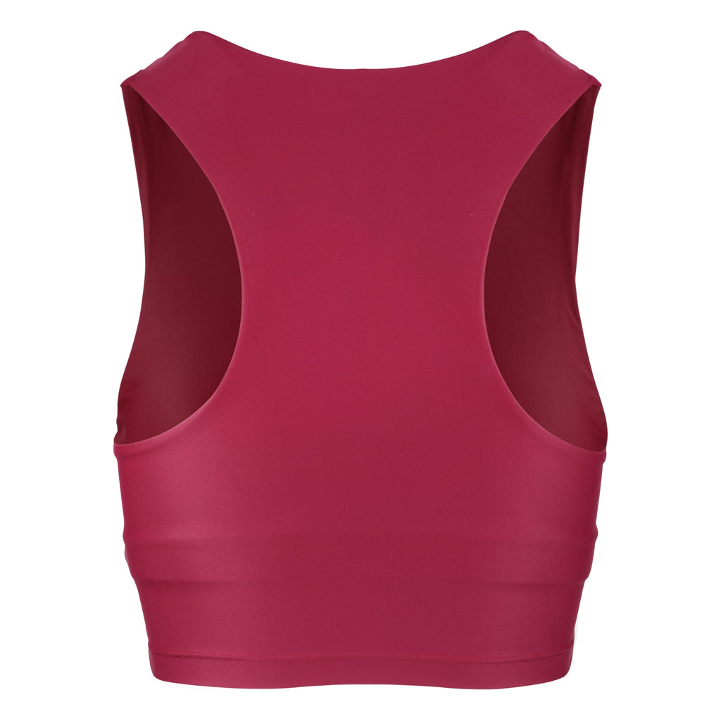 Award-winning wine red crop top with a flattering cut, high neckline for coverage, and in-built sports bra. Medium impact support, perfect for day wear, ghost image back view