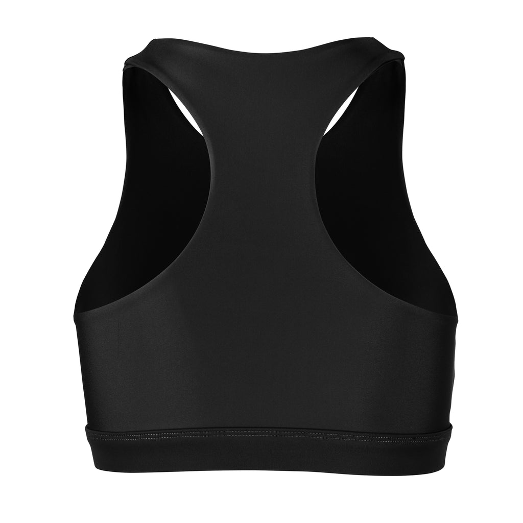 Easy to wear front zipped black crop top with low-impact support, removable padding and in-built sports bra, ghost image back view