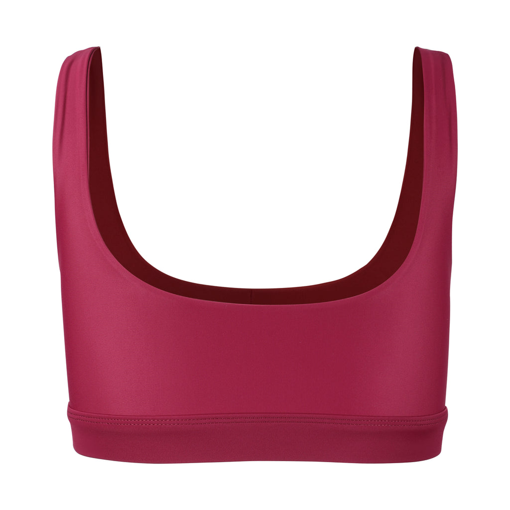 Dark red classic sports bra with mid to high impact support, seamless fit that holds everything in place, removable padding, ghost image back view