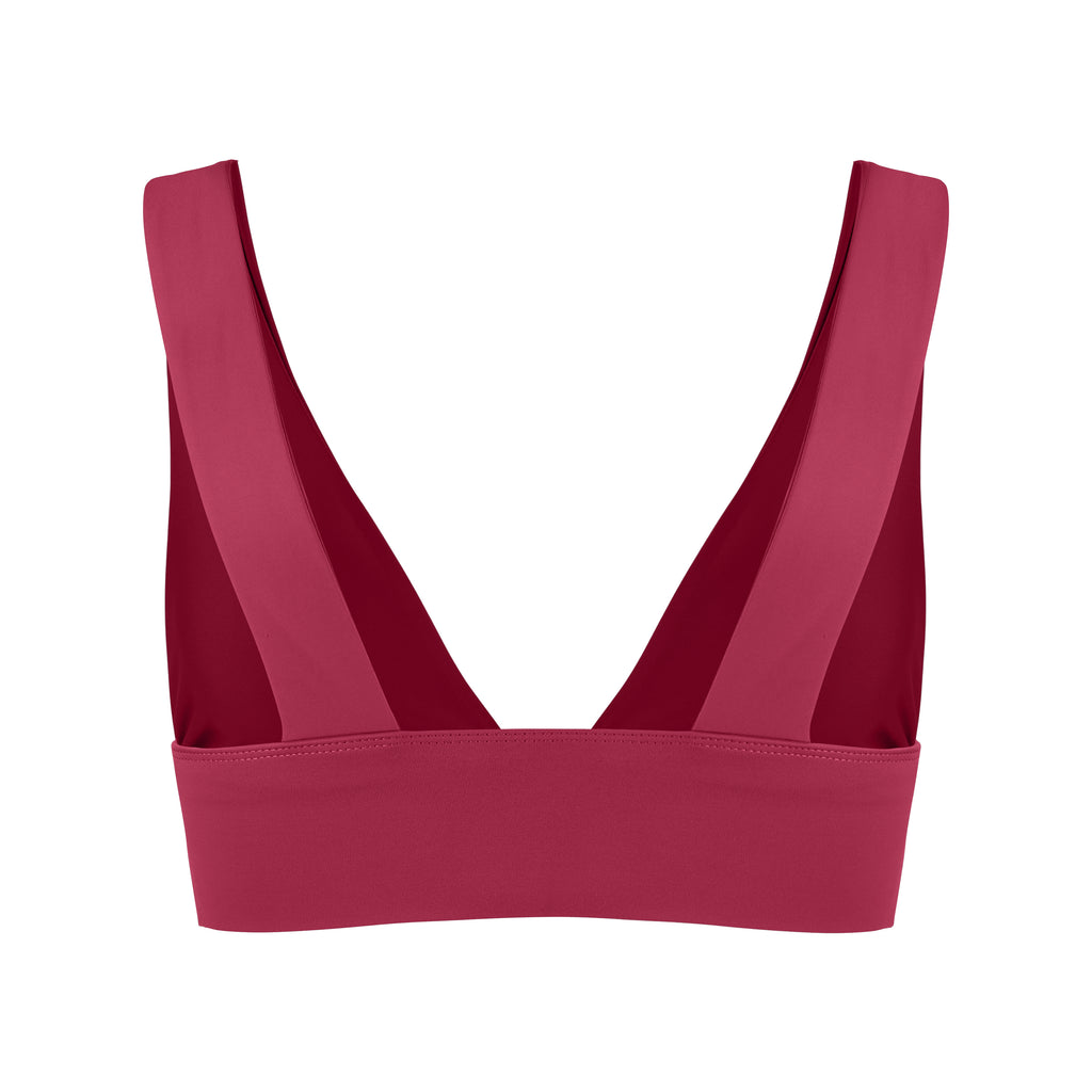 Classy and sexy sports bra in dark red with low-impact support, seamless fit, removable padding, and a wide under-bust elastic band ghost image  back view