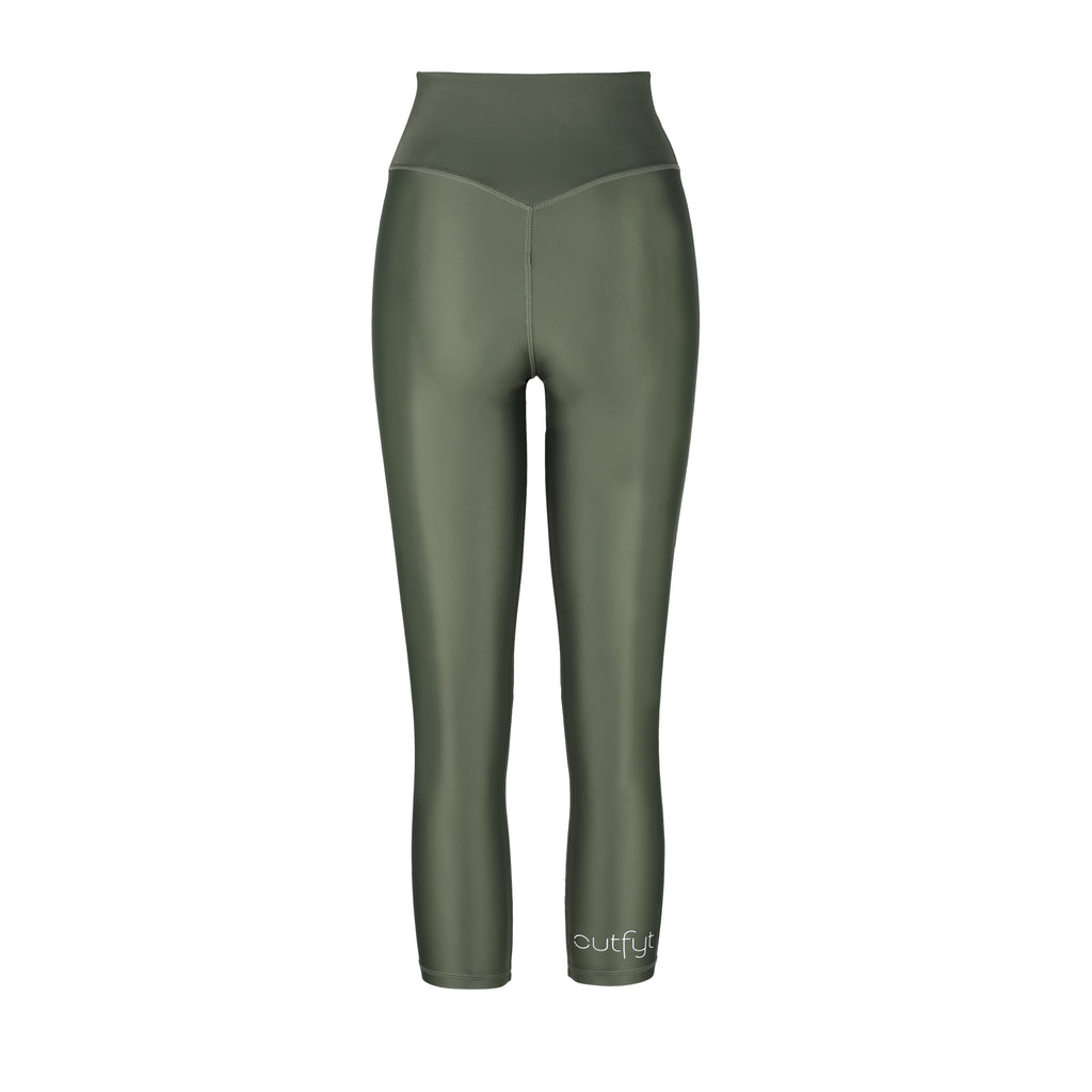 Versatile olive green 7/8 compressive leggings that fit like a glove and stay put during workouts. Squat proof and no front seam for ultimate comfort, ghost image back view