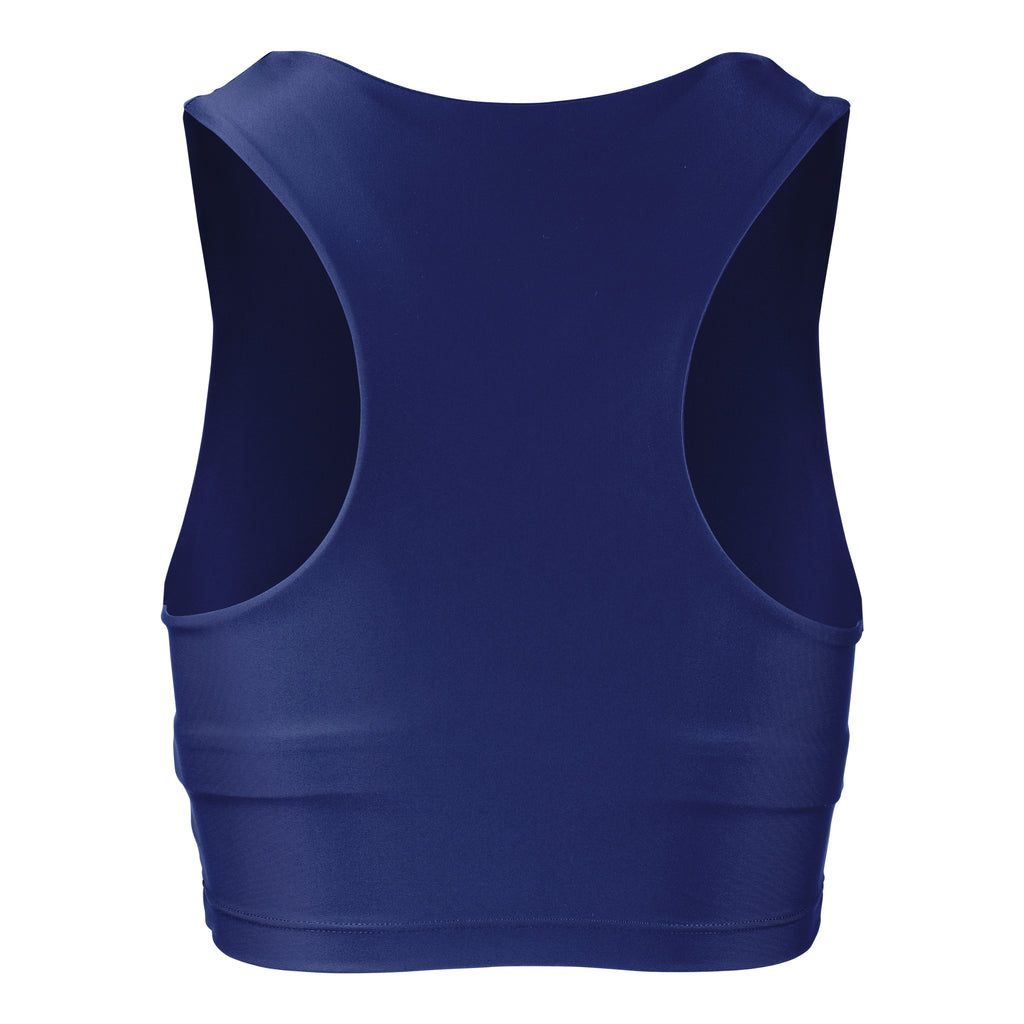 Award-winning navy blue crop top with a flattering cut, high neckline for coverage, and in-built sports bra. Medium impact support, perfect for day wear, ghost image back view