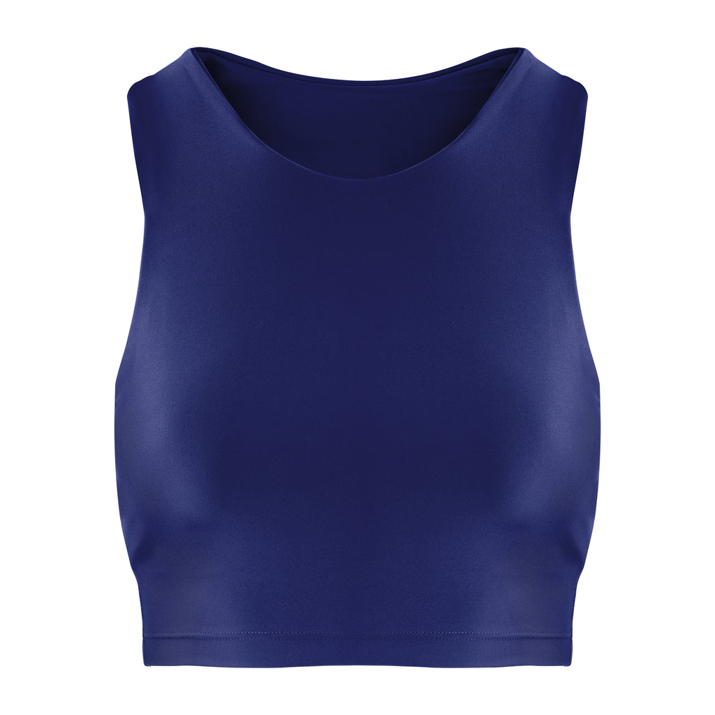 Award-winning navy blue crop top with a flattering cut, high neckline for coverage, and in-built sports bra. Medium impact support, perfect for day wear, ghost image front view