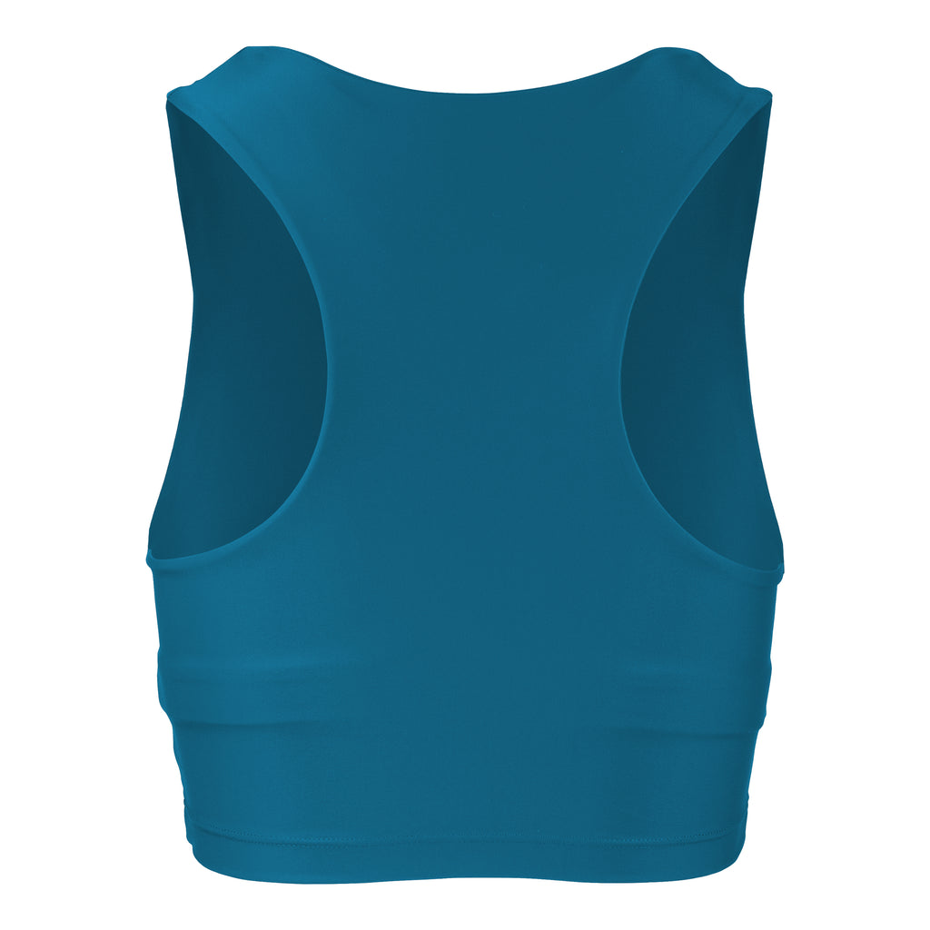 Award-winning mid blue crop top with a flattering cut, high neckline for coverage, and in-built sports bra. Medium impact support, perfect for day wear, ghost image back view