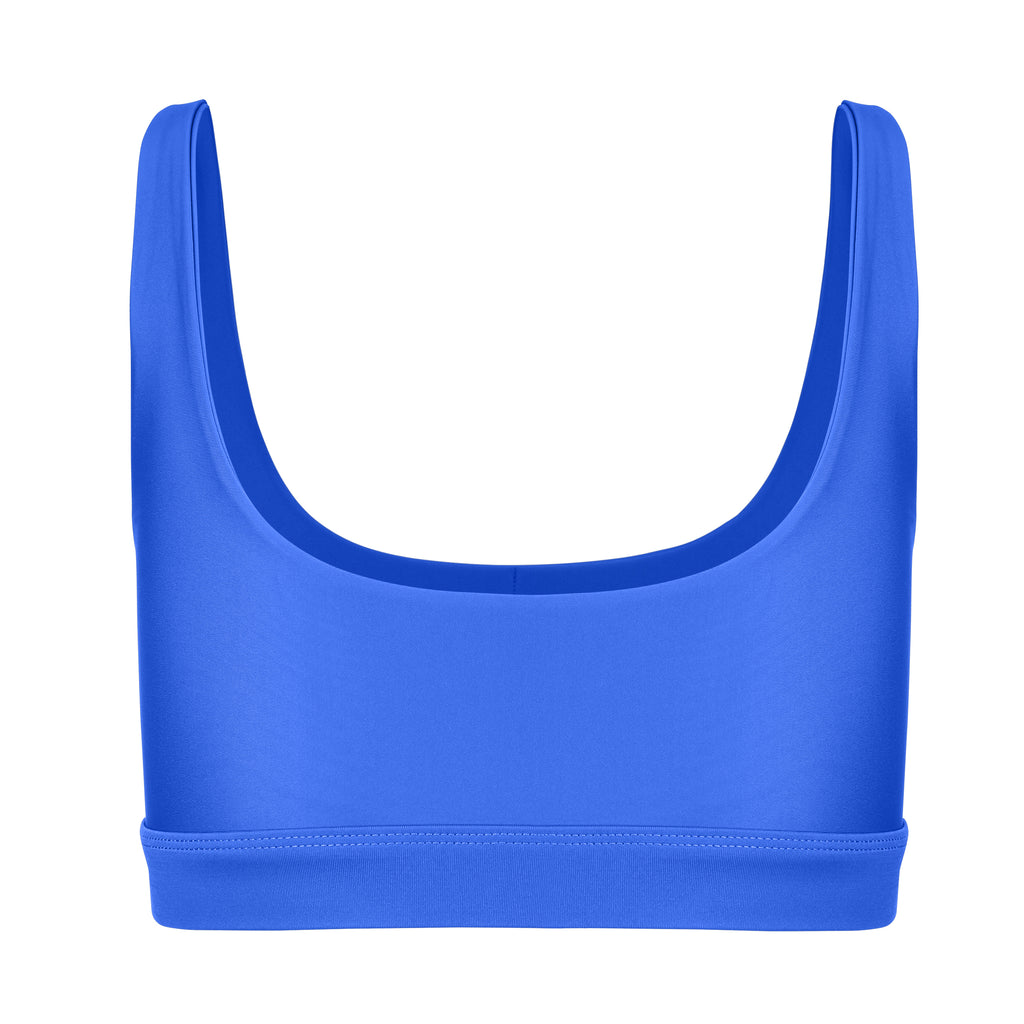 Blue classic sports bra with mid to high impact support, seamless fit, removable padding, ghost image back view