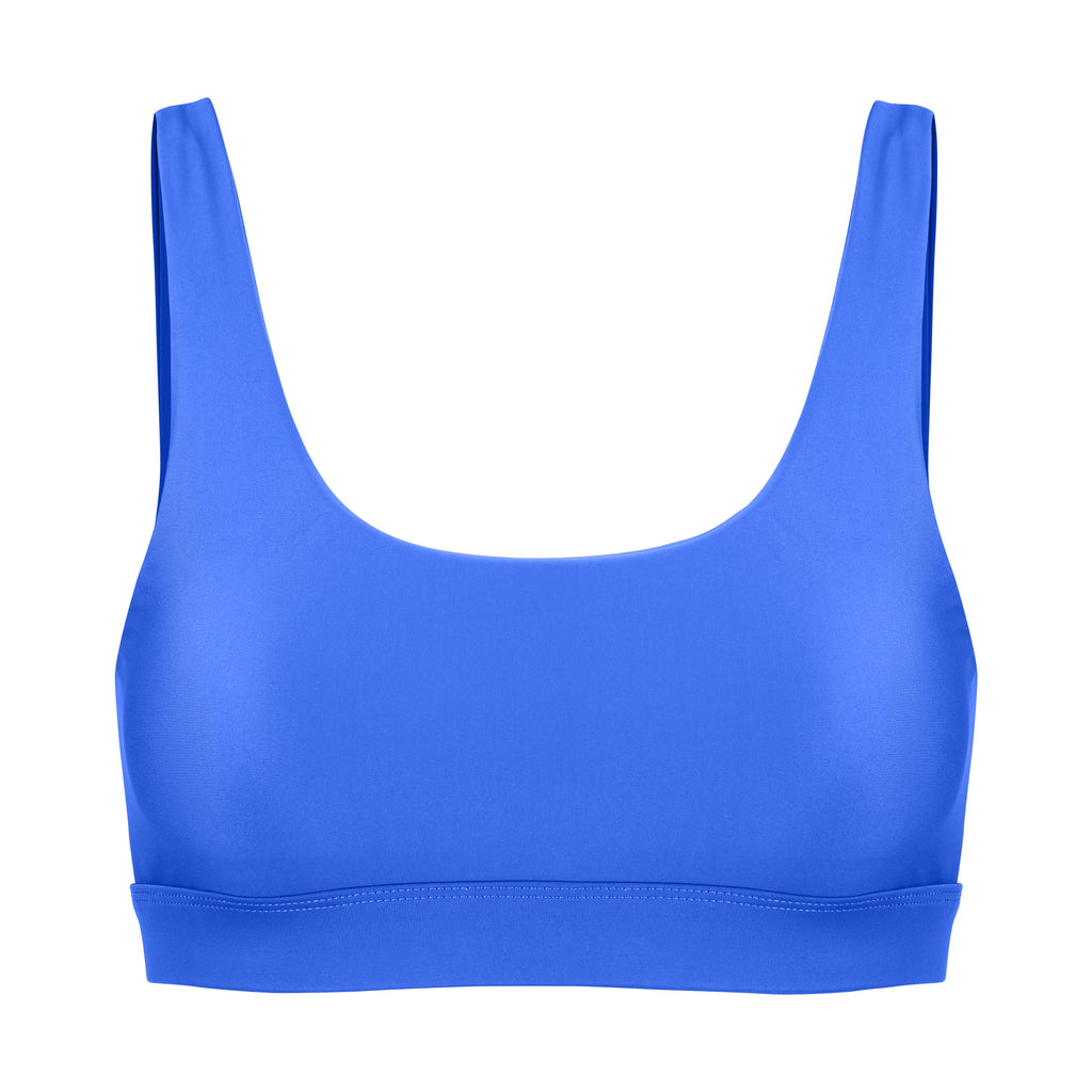 Blue classic sports bra with mid to high impact support, seamless fit, removable padding, ghost image front view