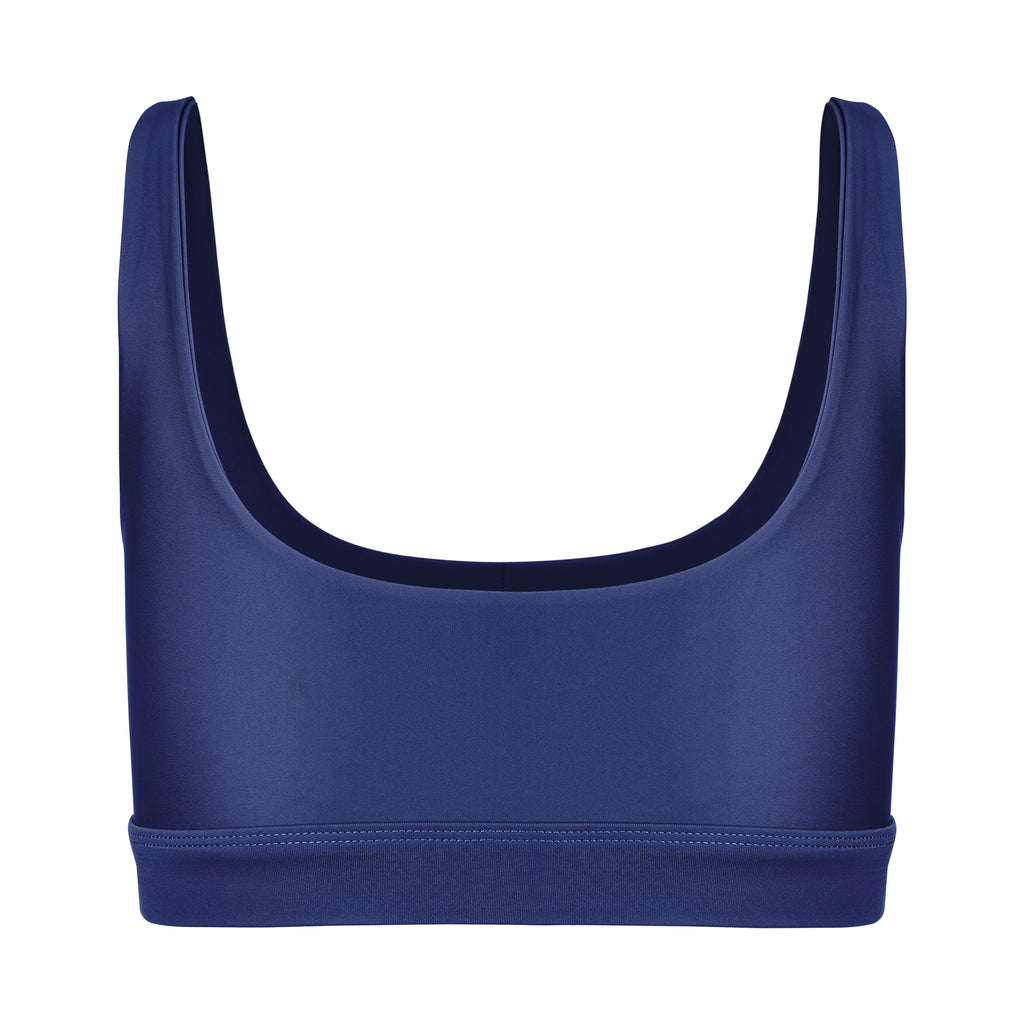 Navy blue classic sports bra with mid to high impact support, seamless fit that holds everything in place, removable padding, ghost image back view