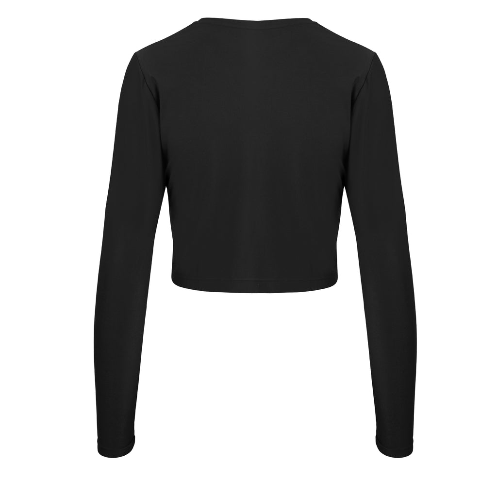 Ultra-lightweight, quick-drying long sleeve black crop top that fits like a second skin for comfort and UV protection ghost image back view