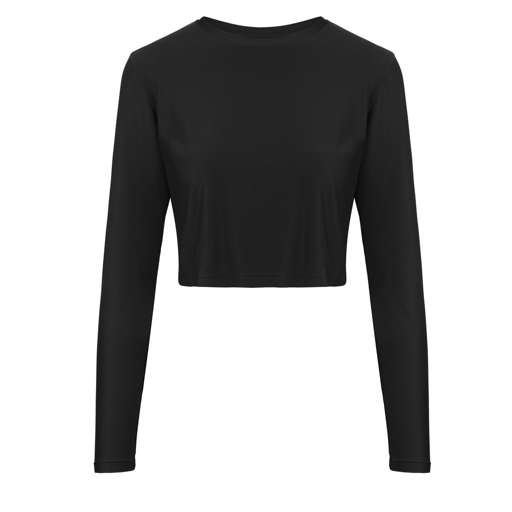 Ultra-lightweight, quick-drying long sleeve black crop top that fits like a second skin for comfort and UV protection ghost image front view