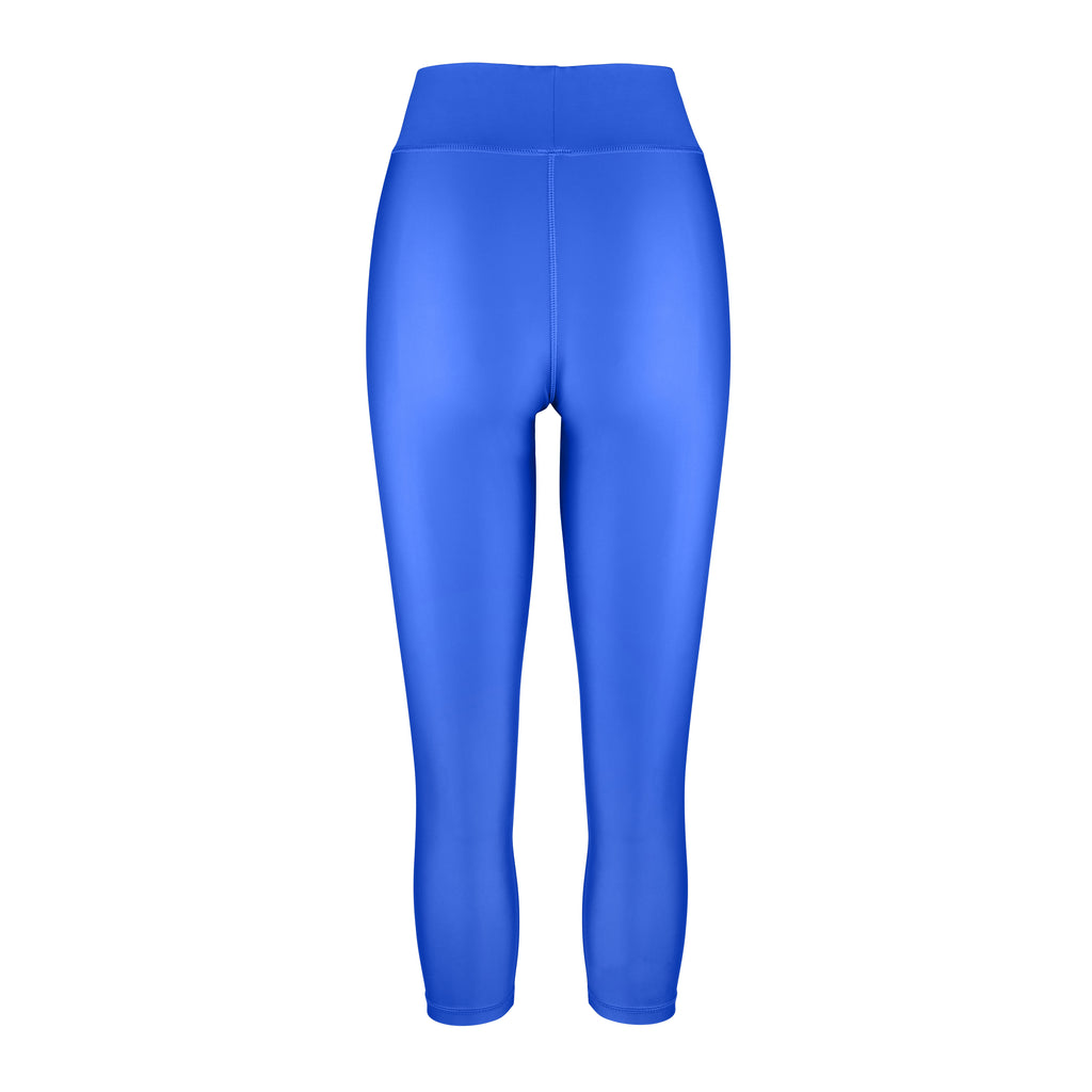 High-waisted clear blue leggings with a compressive waistband for a slimming, luxurious fit. Perfect for high-intensity activities, ghost image back view