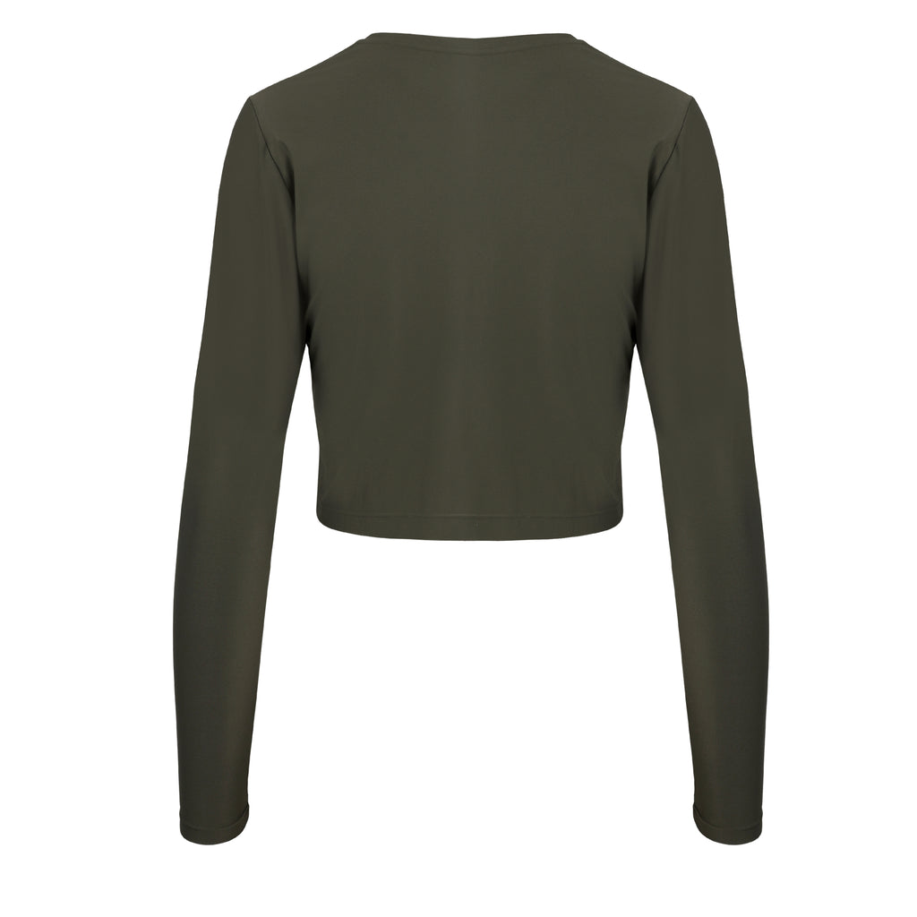 Ultra-lightweight, quick-drying long sleeve olive green crop top that fits like a second skin for comfort and UV protection ghost image back view