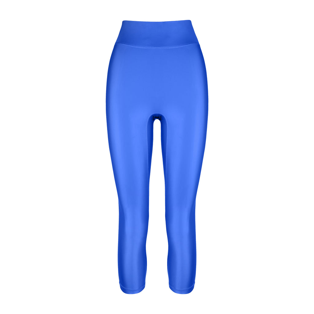 High-waisted clear blue leggings with a compressive waistband for a slimming, luxurious fit. Perfect for high-intensity activities, ghost image front view