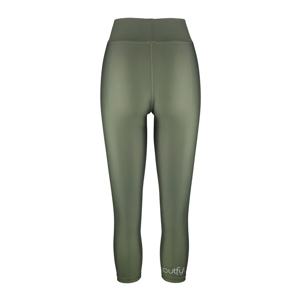 High-waisted olive green leggings with a compressive waistband for a slimming, luxurious fit. Perfect for high-intensity activities, back view