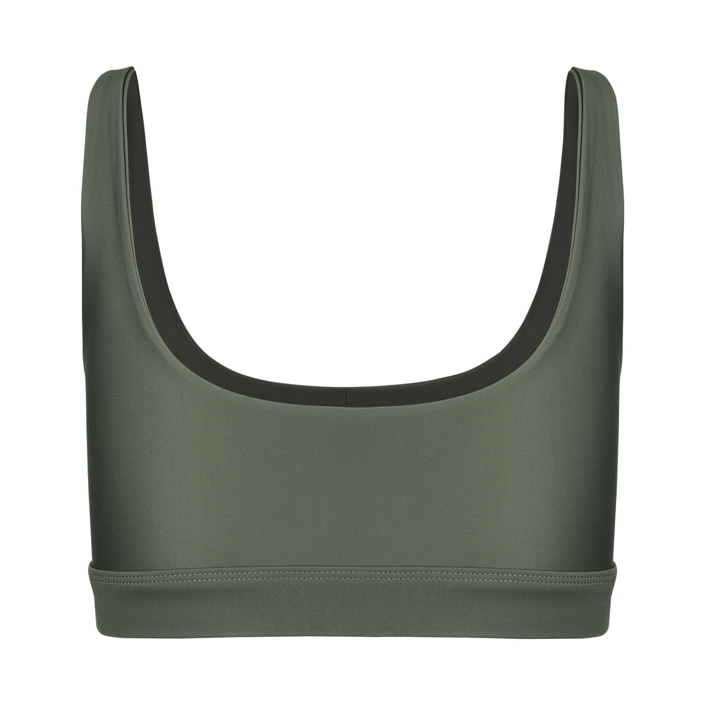 Olive green classic sports bra with mid to high impact support, seamless fit that holds everything in place, removable padding, ghost image back view