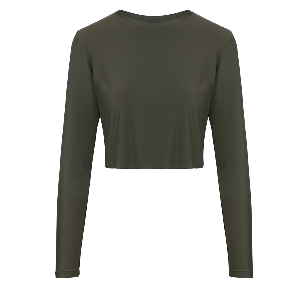 Ultra-lightweight, quick-drying long sleeve olive green crop top that fits like a second skin for comfort and UV protection ghost image front view