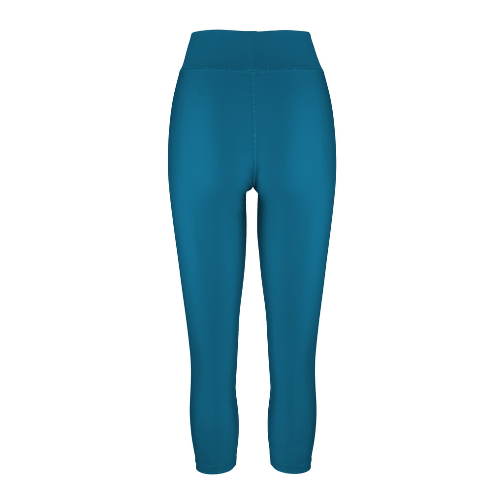 High-waisted green/blue leggings with a compressive waistband for a slimming, luxurious fit. Perfect for high-intensity activities, ghost image back