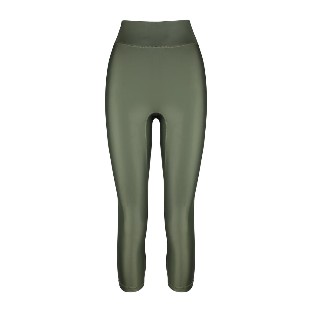 High-waisted olive green leggings with a compressive waistband for a slimming, luxurious fit. Perfect for high-intensity activities, ghost image front view