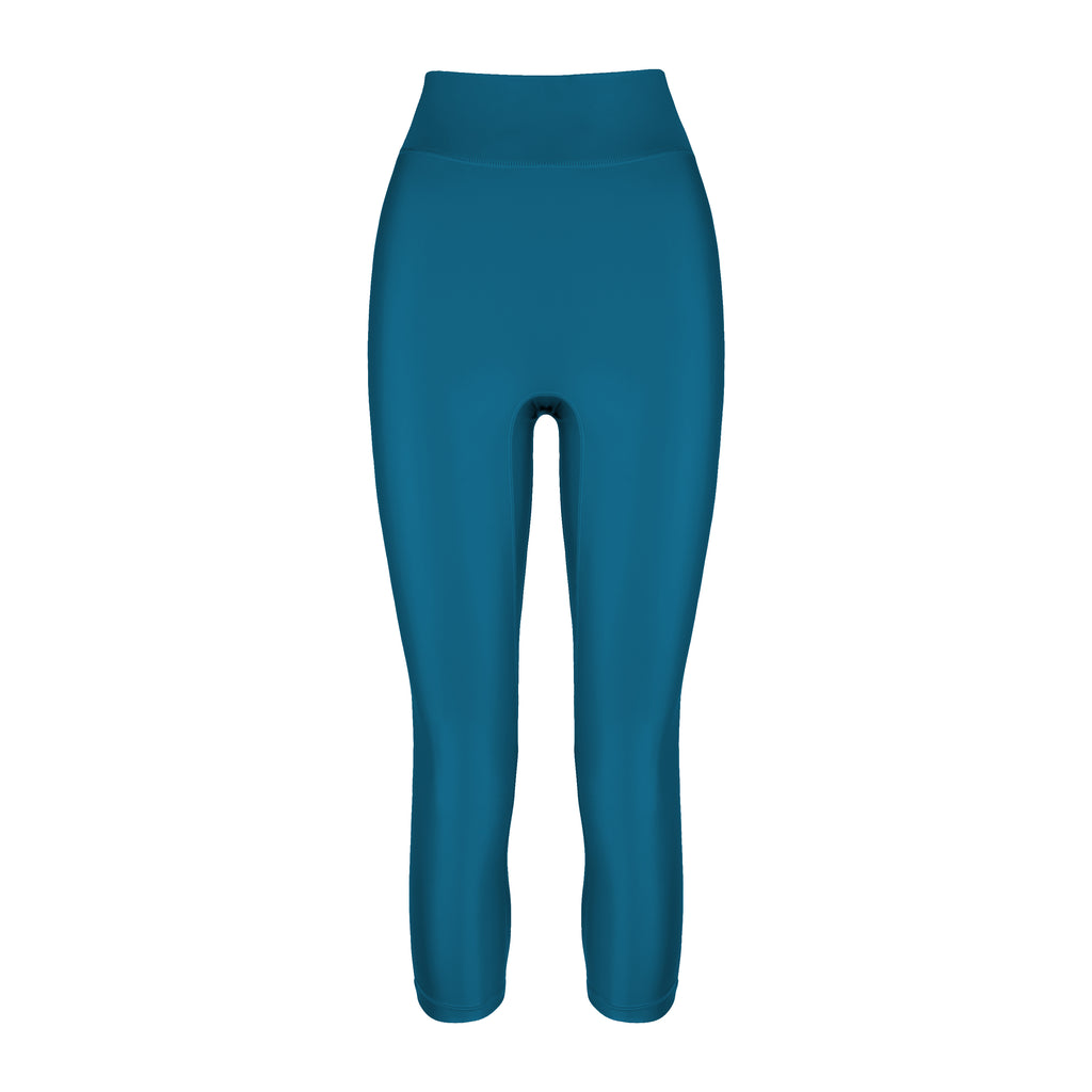 High-waisted green/blue leggings with a compressive waistband for a slimming, luxurious fit. Perfect for high-intensity activities, ghost image front