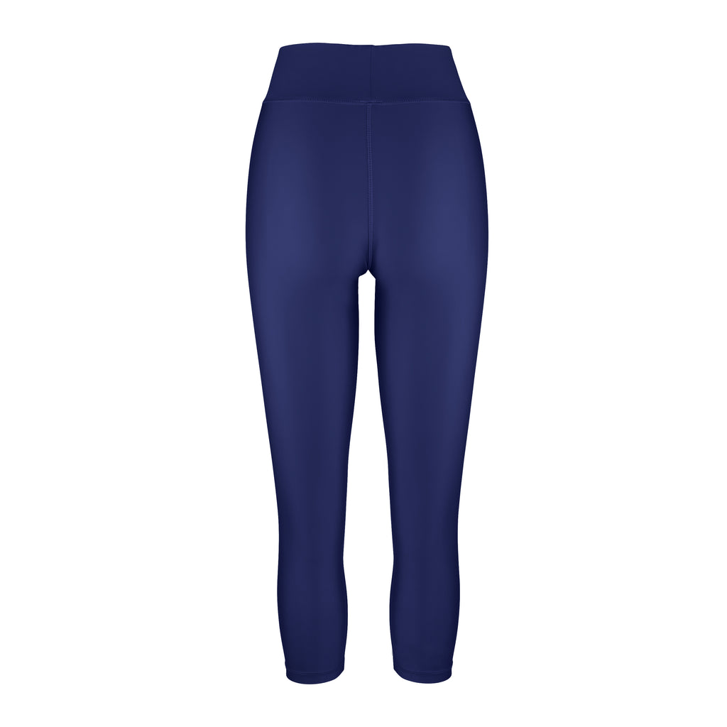 High-waisted navy blue leggings with a compressive waistband for a slimming, luxurious fit. Perfect for high-intensity activities, back view