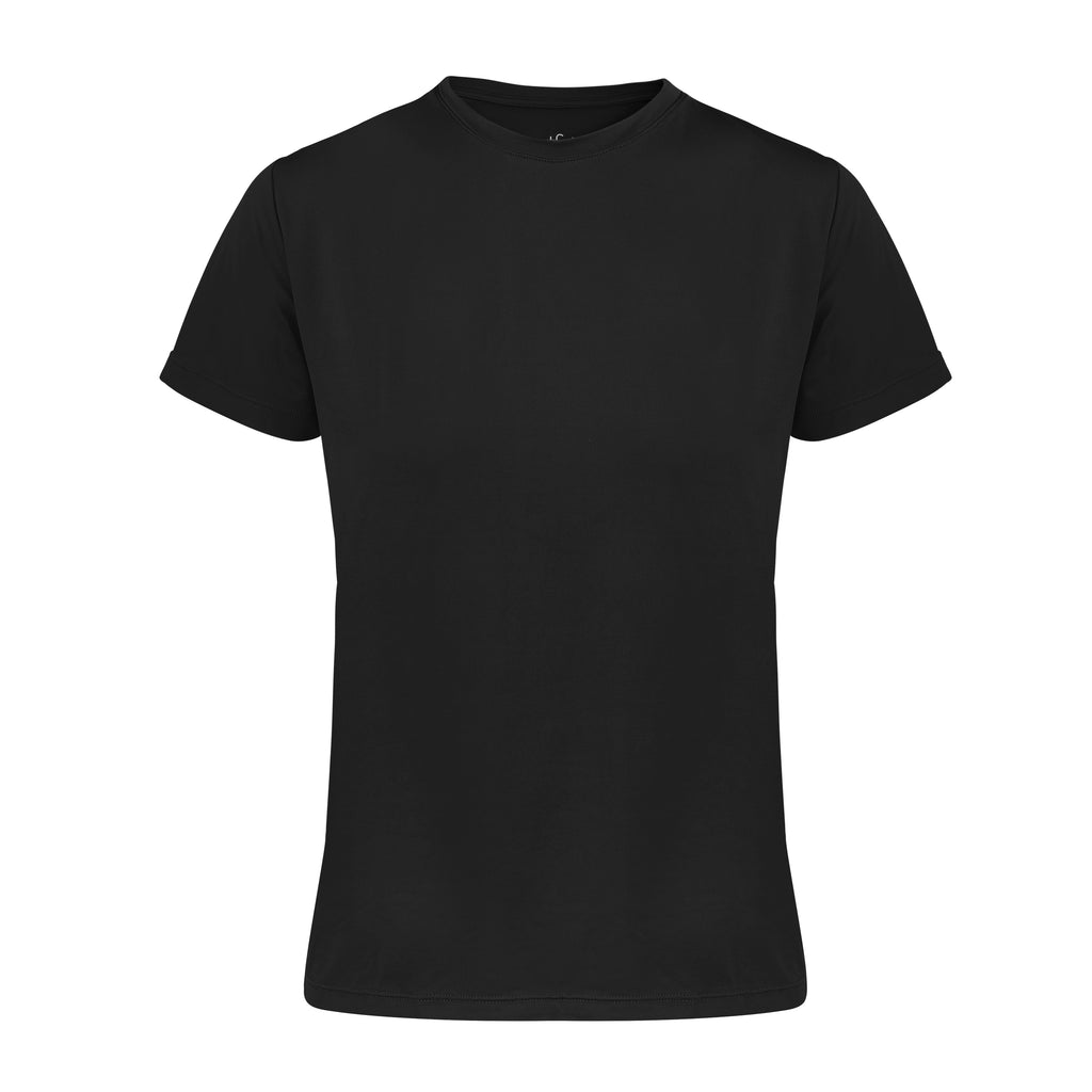 Black UV-protective ultra-lightweight t-shirt that is quick-drying, perfect for hot days and everyday wear, ghost image front view