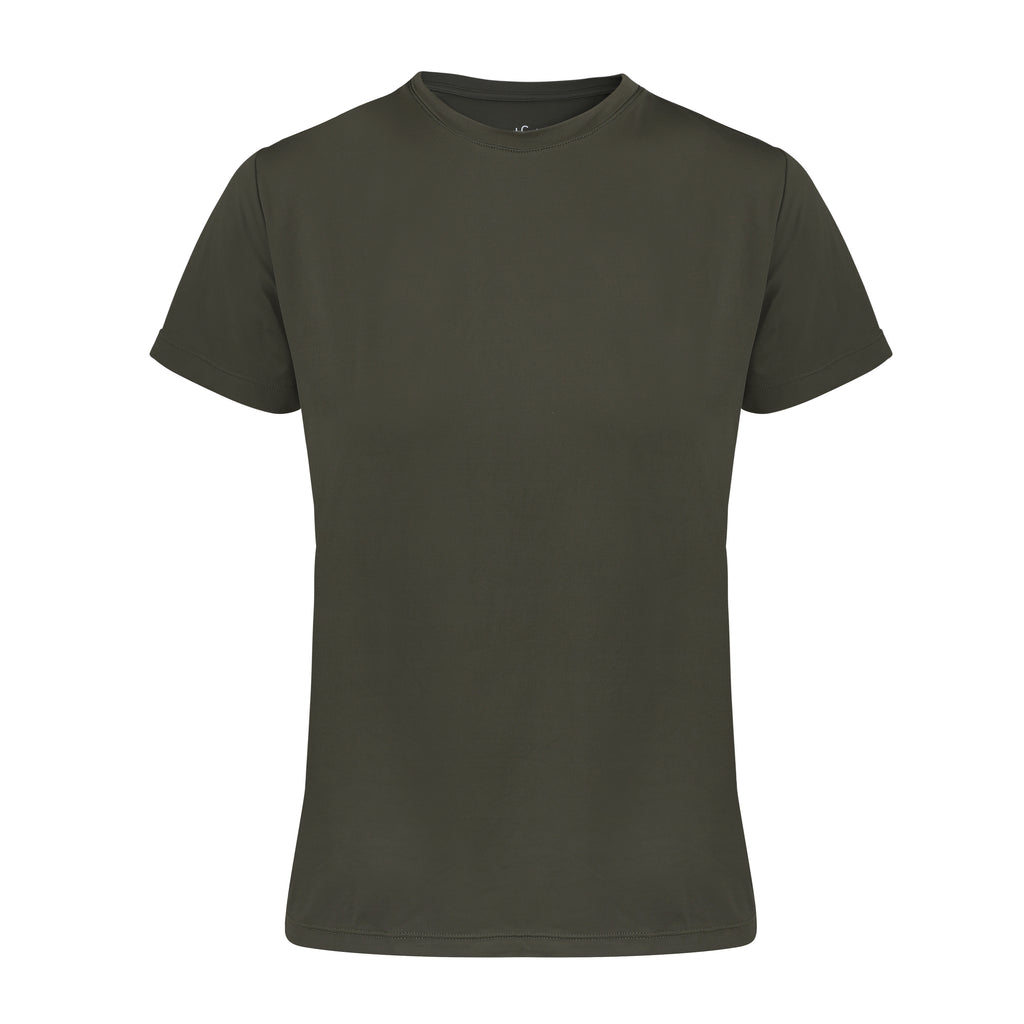 Olive green UV-protective ultra-lightweight t-shirt that is quick-drying, perfect for hot days and everyday wear, ghost image front view