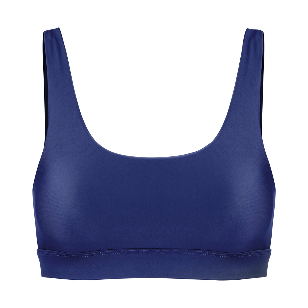 Navy blue classic sports bra with mid to high impact support, seamless fit that holds everything in place, removable padding, ghost image front view