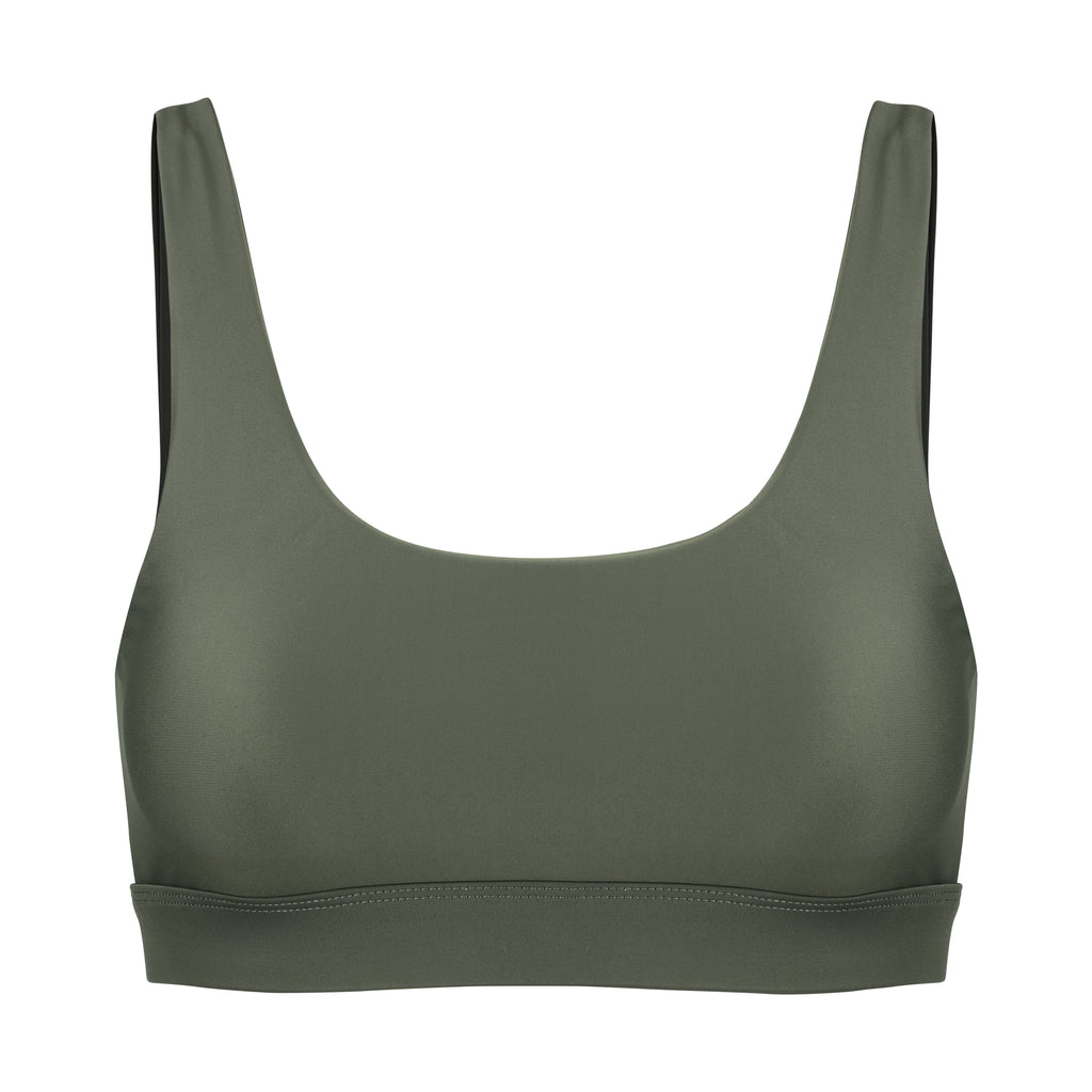 Olive green classic sports bra with mid to high impact support, seamless fit that holds everything in place, removable padding, ghost image front view