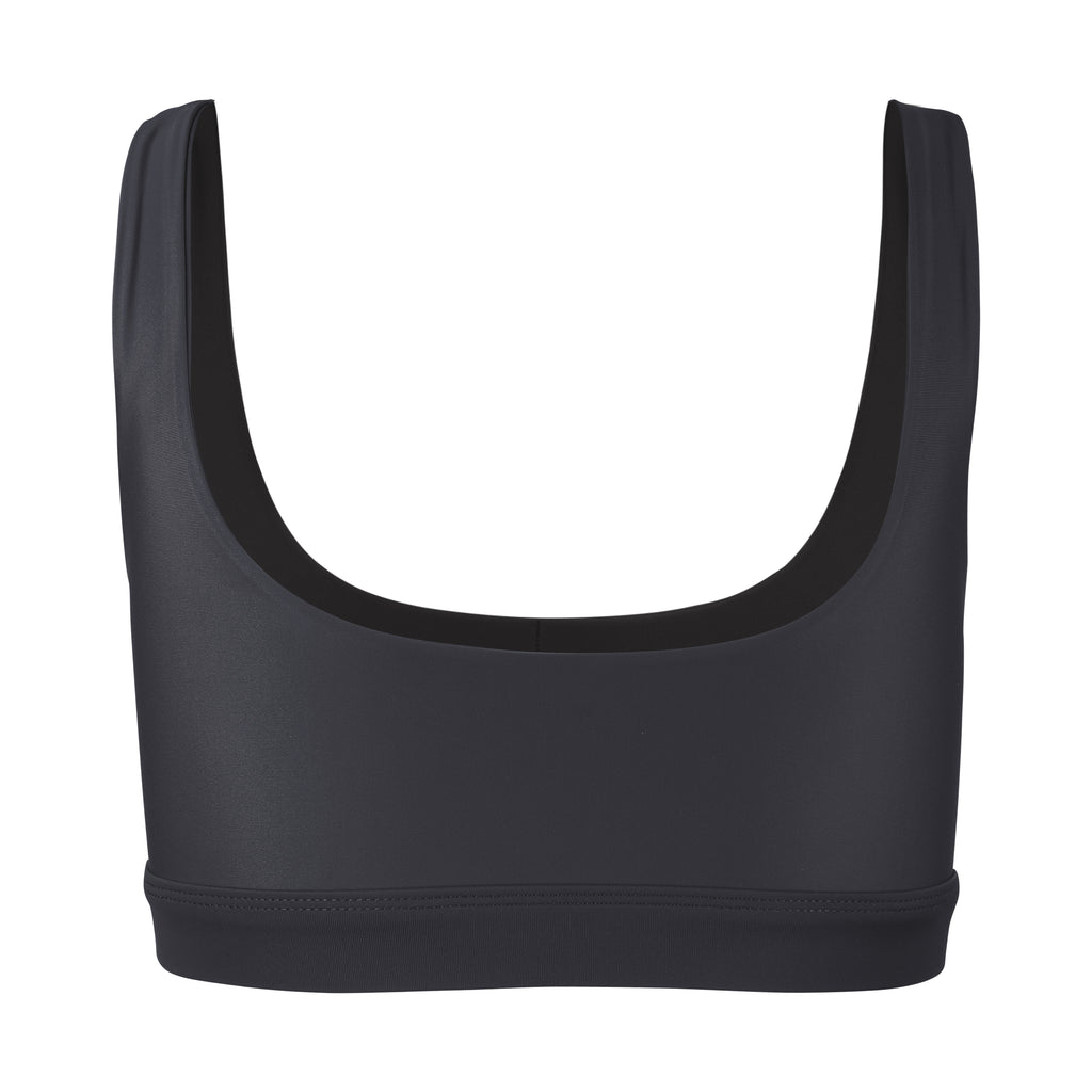 Black classic sports bra with mid to high impact support, seamless fit, removable padding, ghost image back view