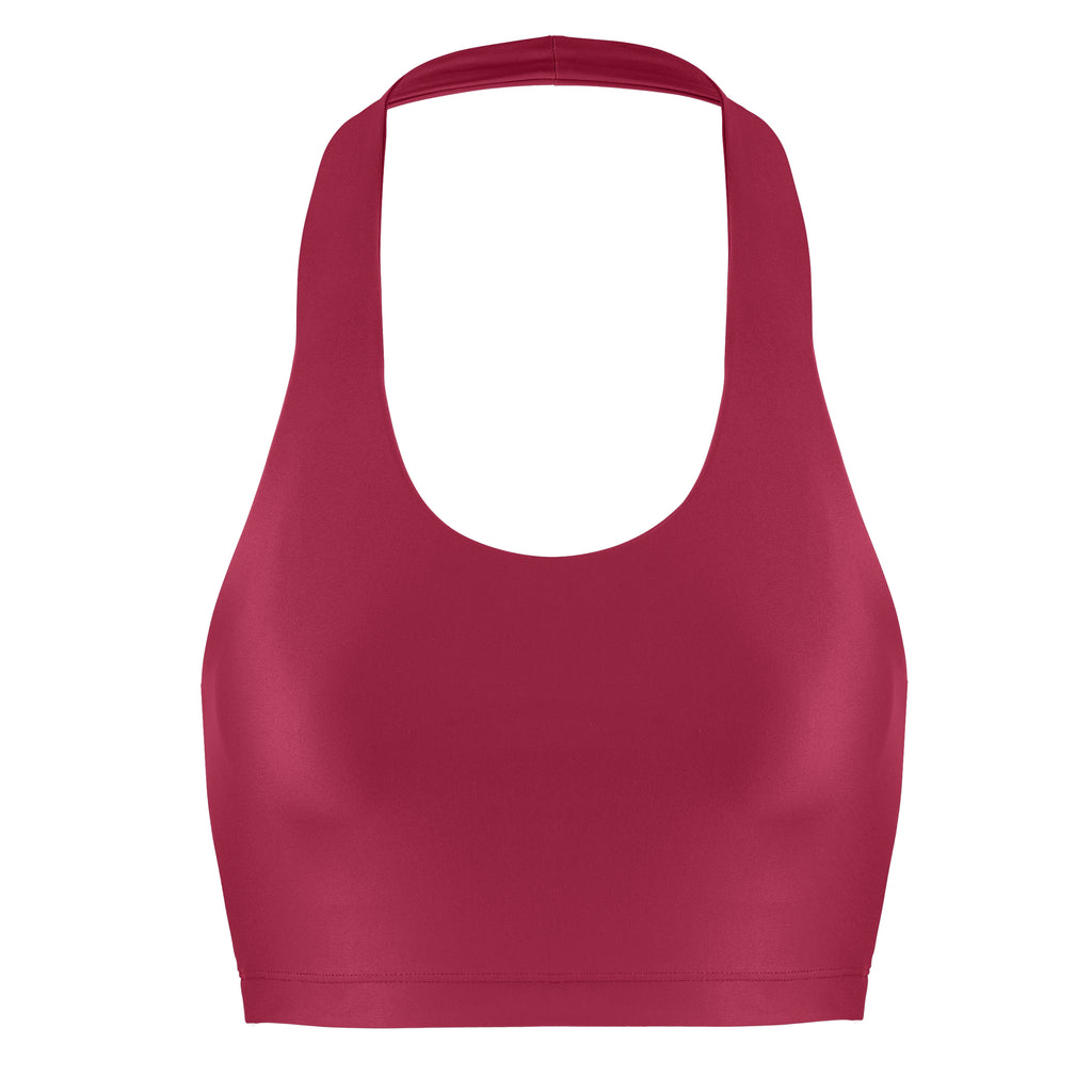 Low-impact dark red seamless fit with removable padding and in-built sports bra for comfort and support ghost image front view