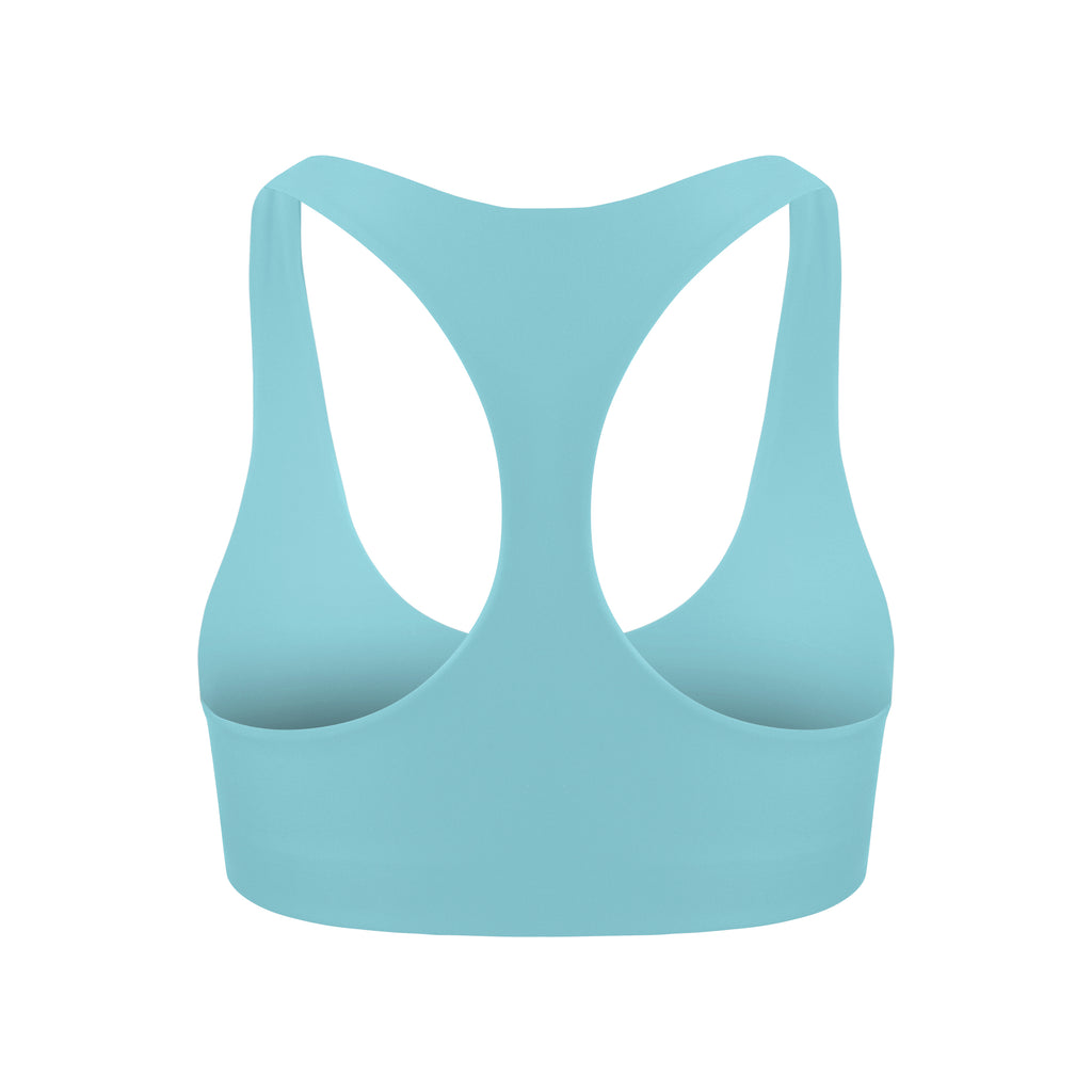Light blue racerback sports bra with medium support, seamless comfort and flattering fit 