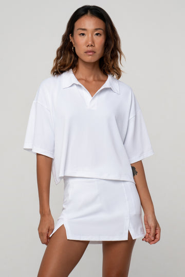 White Boxy Polo Shirt with lightweight, airy sleeves for free movement 