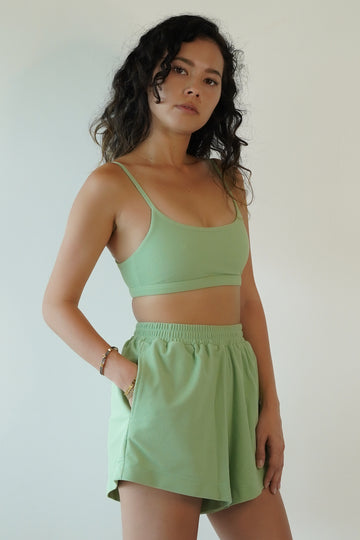 Cute square neckline, breathable mint green bralette with adjustable straps and removable padding. Perfect for lounging or errands, side view