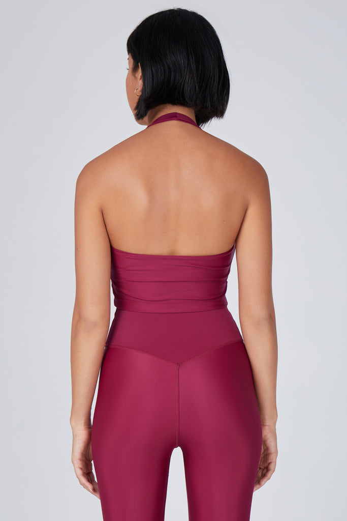 Low-impact dark red seamless fit with removable padding and in-built sports bra for comfort and support back view