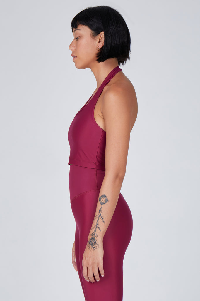 Low-impact dark red seamless fit with removable padding and in-built sports bra for comfort and support side view