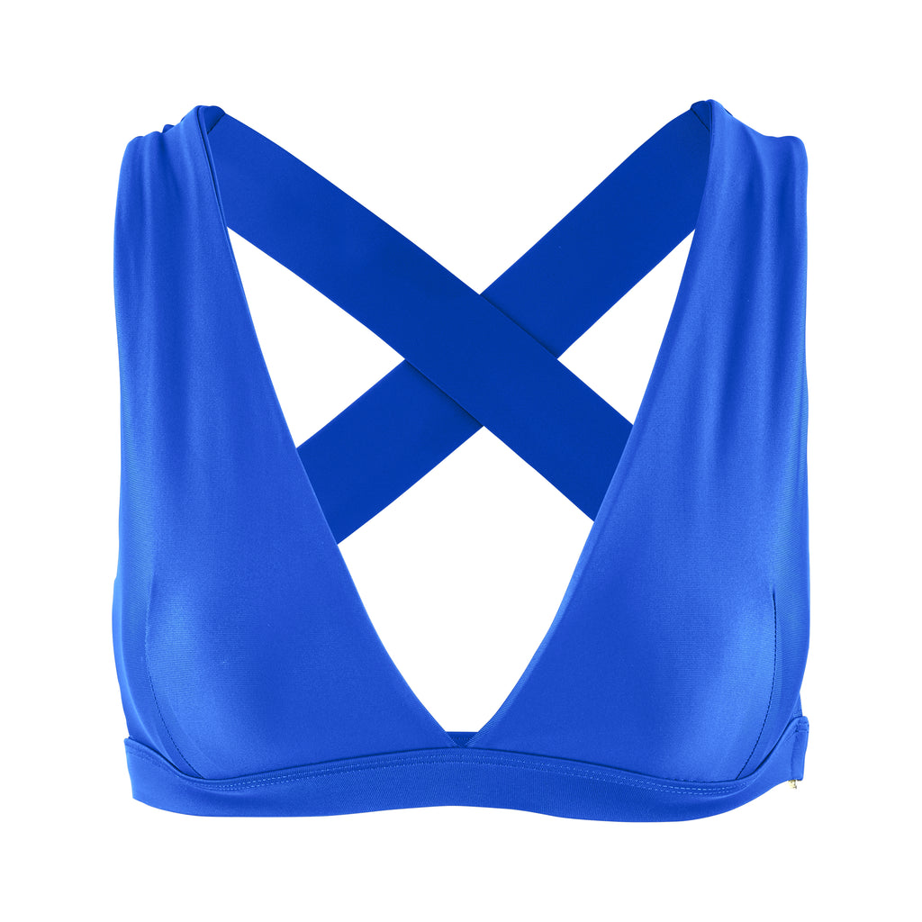 Medium blue, medium to high impact support with removable padding, strong elastic cross back straps, and adjustable gold-hook closure, ghost image front view