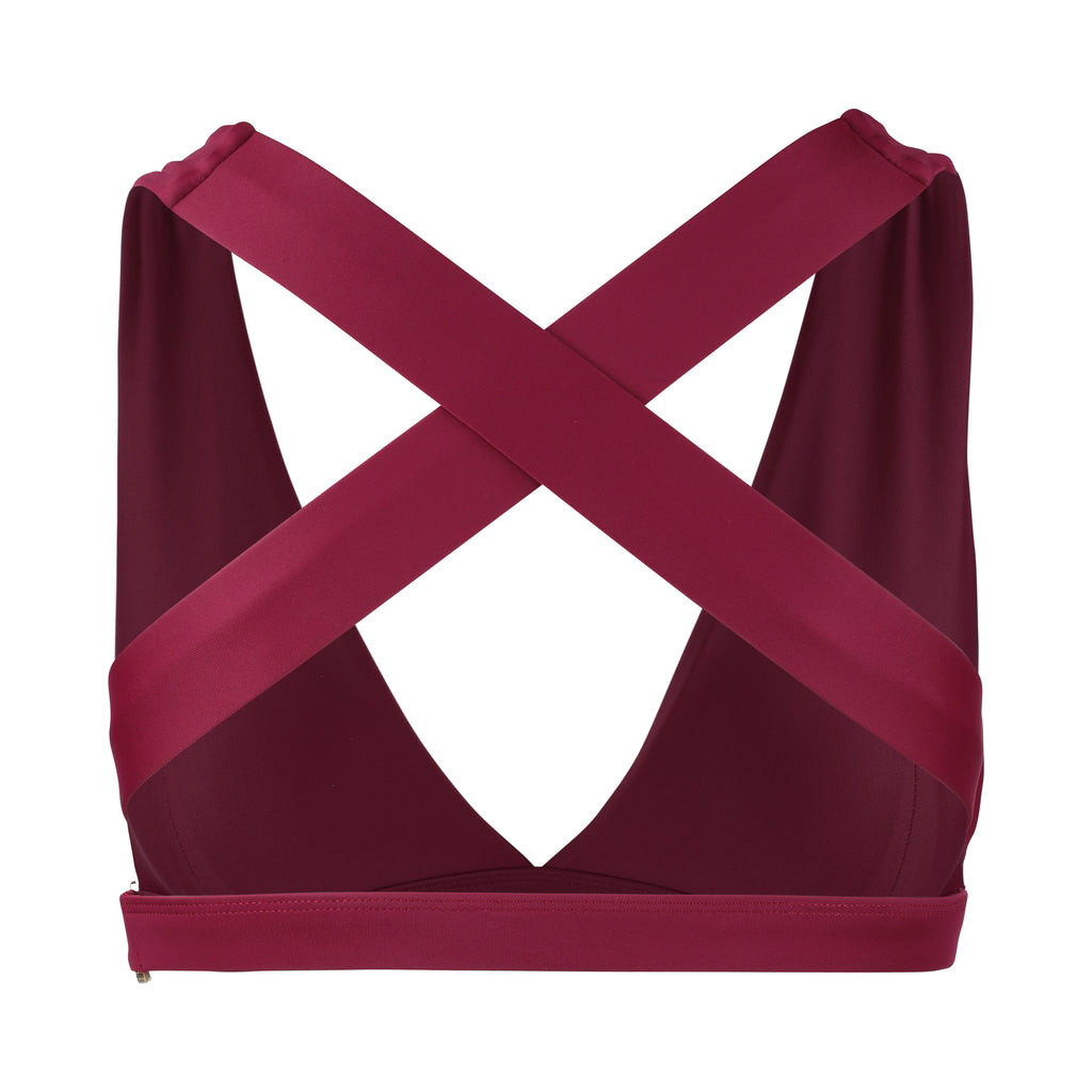 Dark red, medium to high impact support with removable padding, strong elastic cross back straps, and adjustable gold-hook closure,  ghost image back view