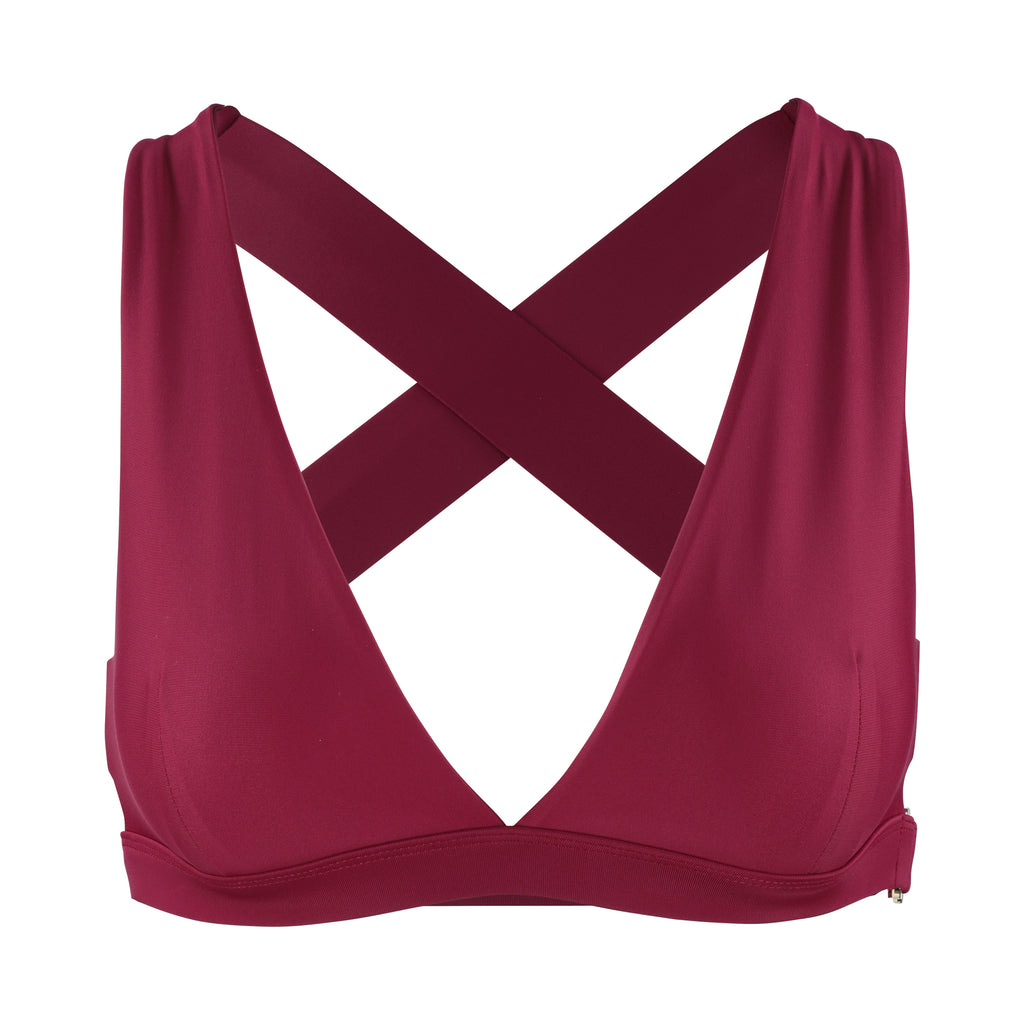 Dark red, medium to high impact support with removable padding, strong elastic cross back straps, and adjustable gold-hook closure,  ghost image front view