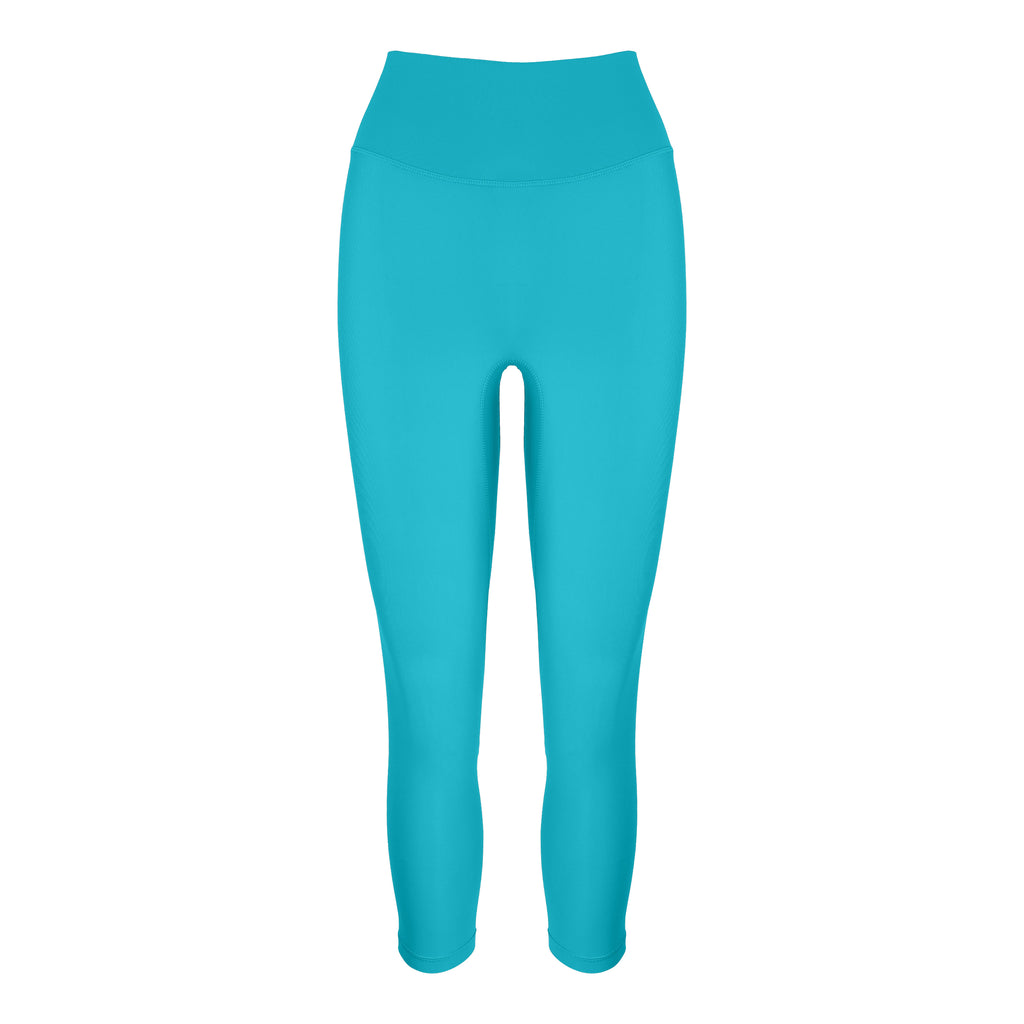 Blue super soft, high-waisted without a front seam for all-day comfort. Perfect for non abrasive sports and everyday wear, ghost image front view