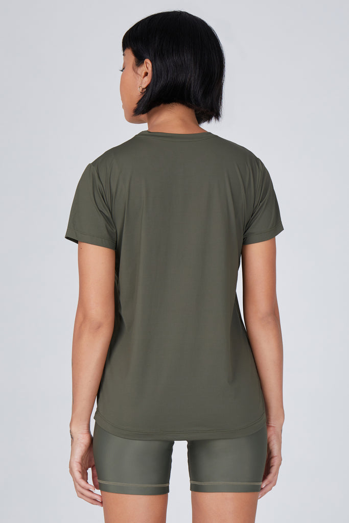 Olive green UV-protective ultra-lightweight t-shirt that is quick-drying, perfect for hot days and everyday wear, back view