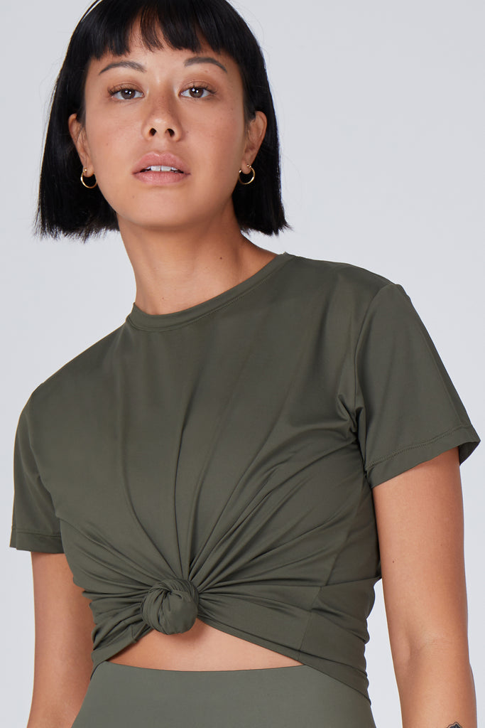 Olive green UV-protective ultra-lightweight t-shirt that is quick-drying, perfect for hot days and everyday wear, front view