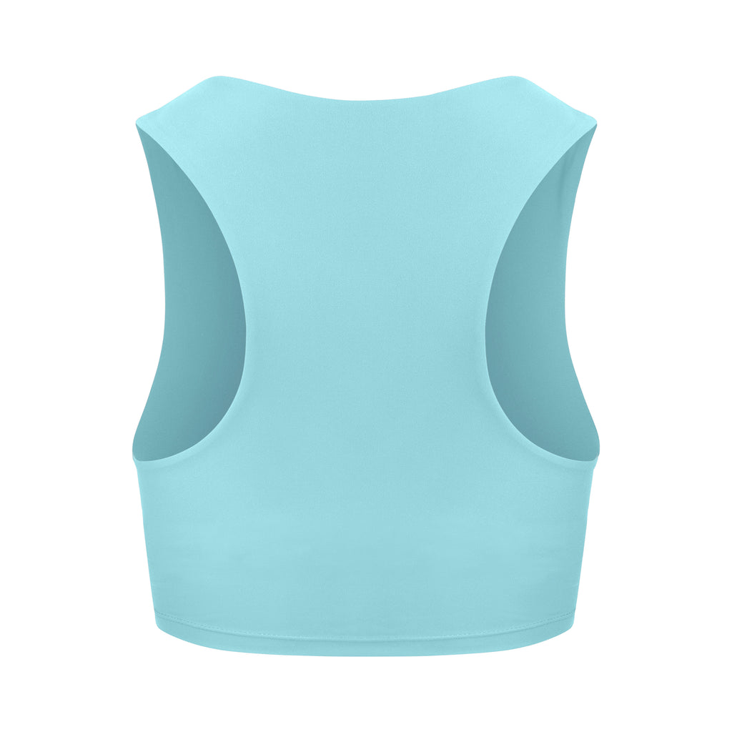 Award-winning ice blue crop top with a flattering cut, high neckline for coverage, and in-built sports bra. Medium impact support, perfect for day wear, ghost image back view