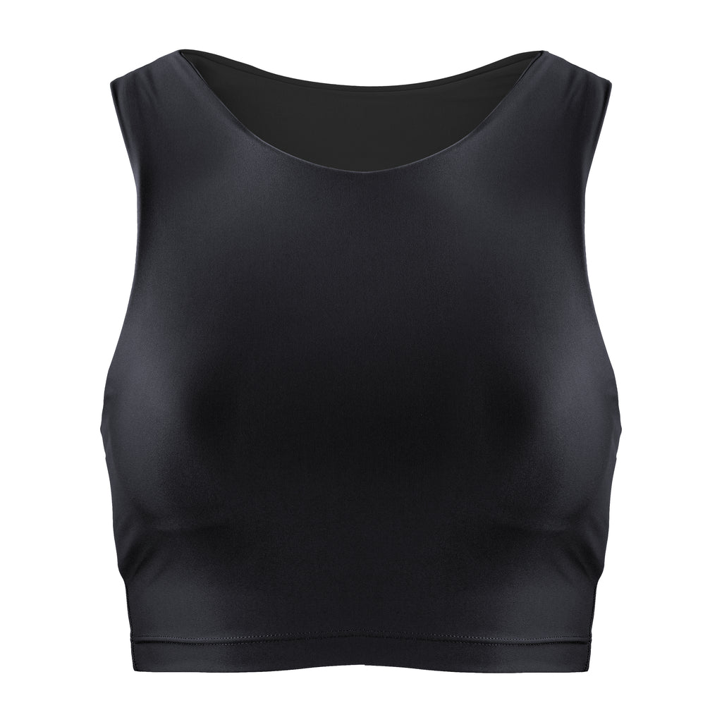 Award-winning black crop top with a flattering cut, high neckline for coverage, and in-built sports bra. Medium impact support, perfect for day wear, ghost image front view