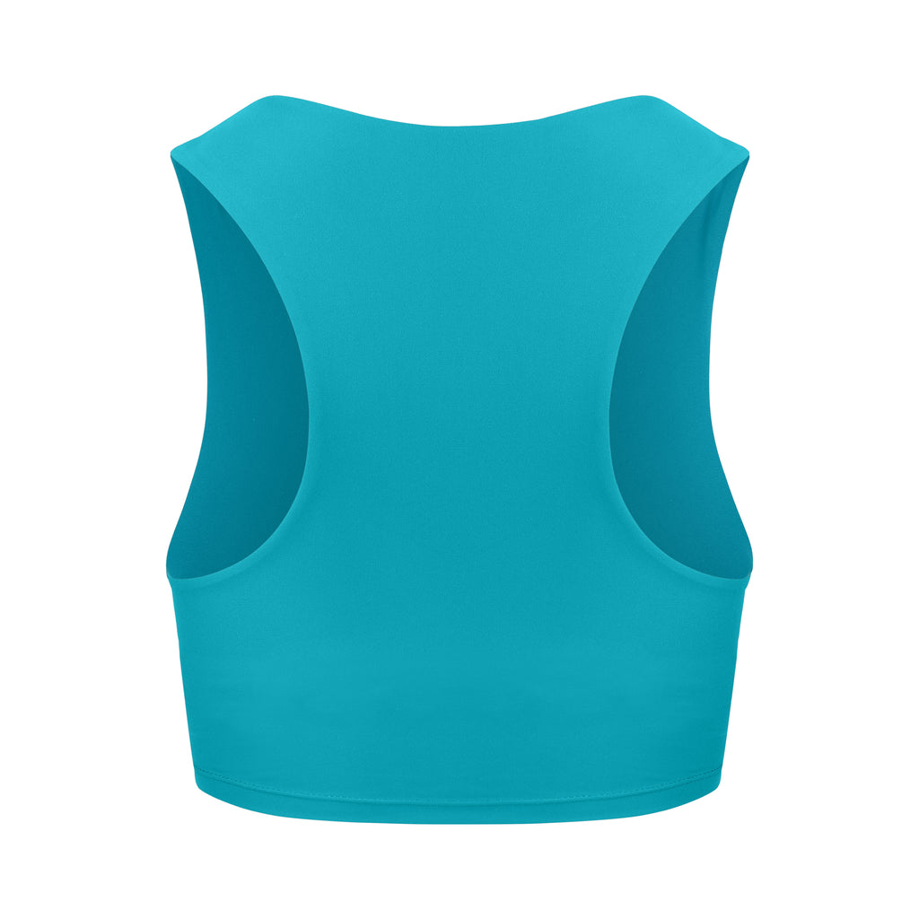 Award-winning blue crop top with a flattering cut, high neckline for coverage, and in-built sports bra. Medium impact support, perfect for day wear, ghost image back view