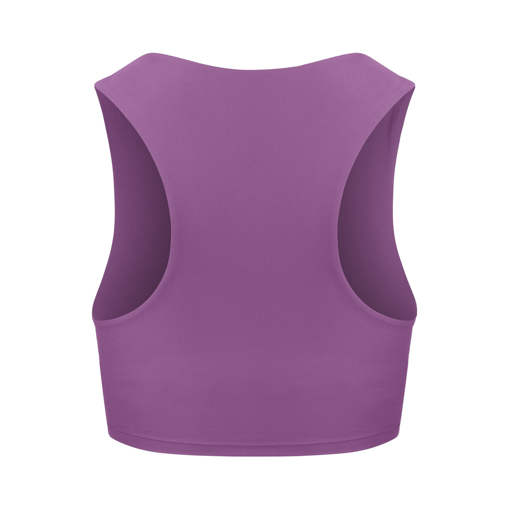 Award-winning purple crop top with a flattering cut, high neckline for coverage, and in-built sports bra. Medium impact support, perfect for day wear, ghost image back view