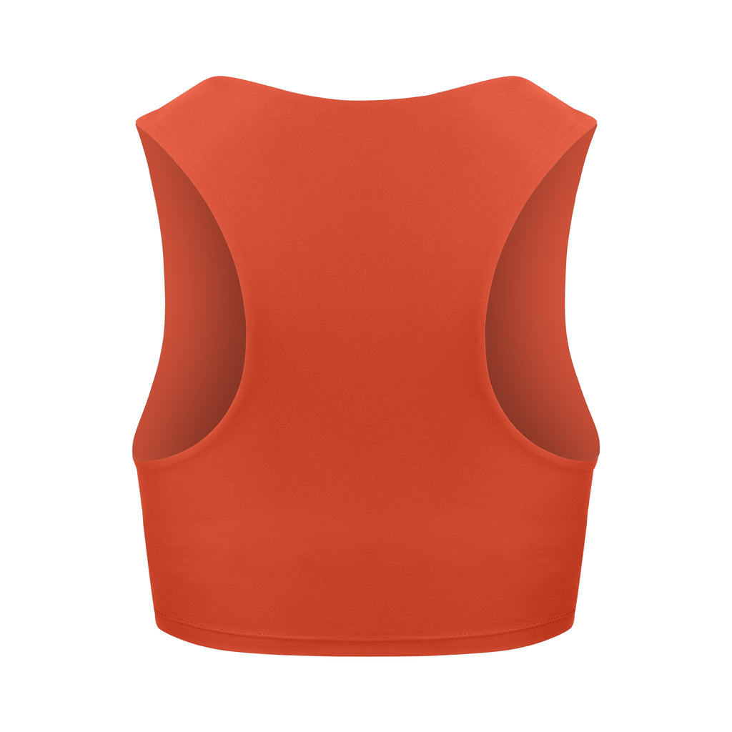 Award-winning orange crop top with a flattering cut, high neckline for coverage, and in-built sports bra. Medium impact support, perfect for day wear, ghost image back view