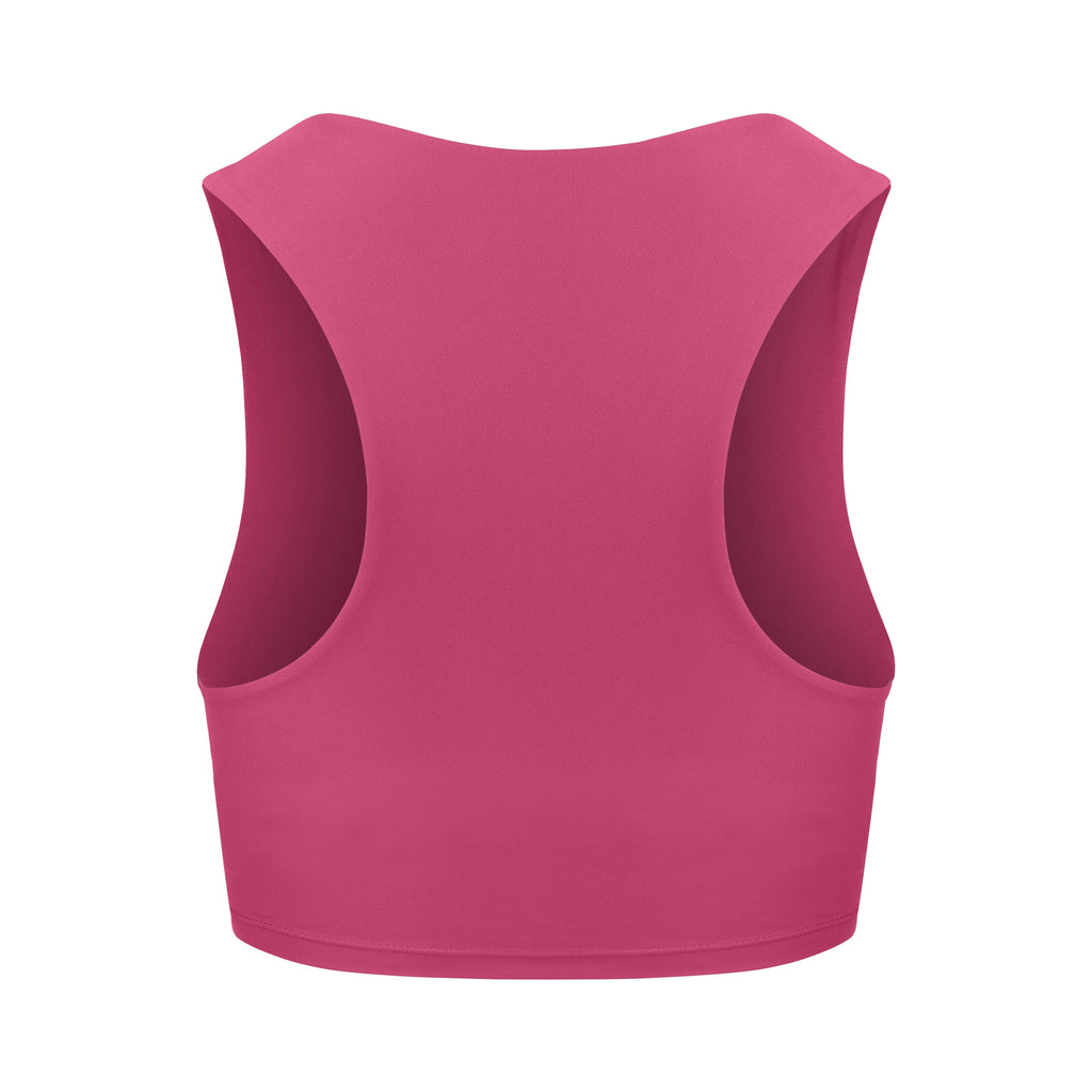 Award-winning pink crop top with a flattering cut, high neckline for coverage, and in-built sports bra. Medium impact support, perfect for day wear, ghost image back view